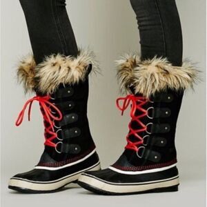 Sorel Joan Of Arctic Winter Waterproof Lace Up Black Suede Faux Fur Trim Boots 7